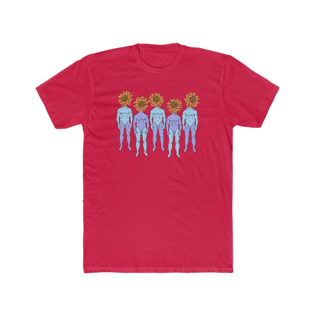 Red Cotten T-Shirt with a graphic of five naked blue and purple men that have orange flowers as heads by Cody David Bauer