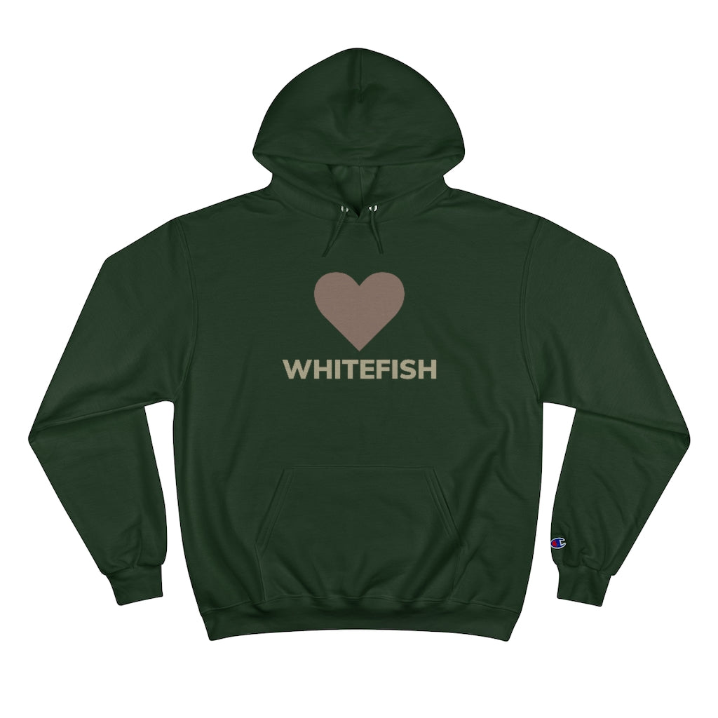 I Love Dark Green Whitefish Champion Hoody with brown and grey graphic