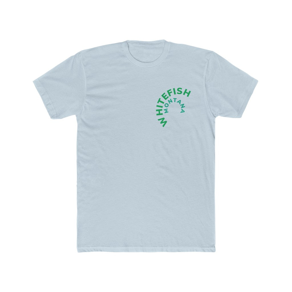 Sky Blue Cotten Kids T-Shirt with curved WHITEFISH MONTANA in Kelly green and Teel