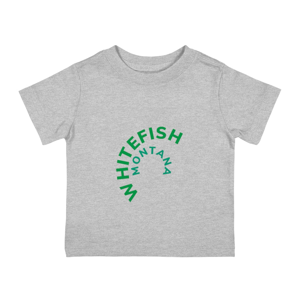 Heather grey Cotten Kids T-Shirt with curved WHITEFISH MONTANA in Kelly green and Teel