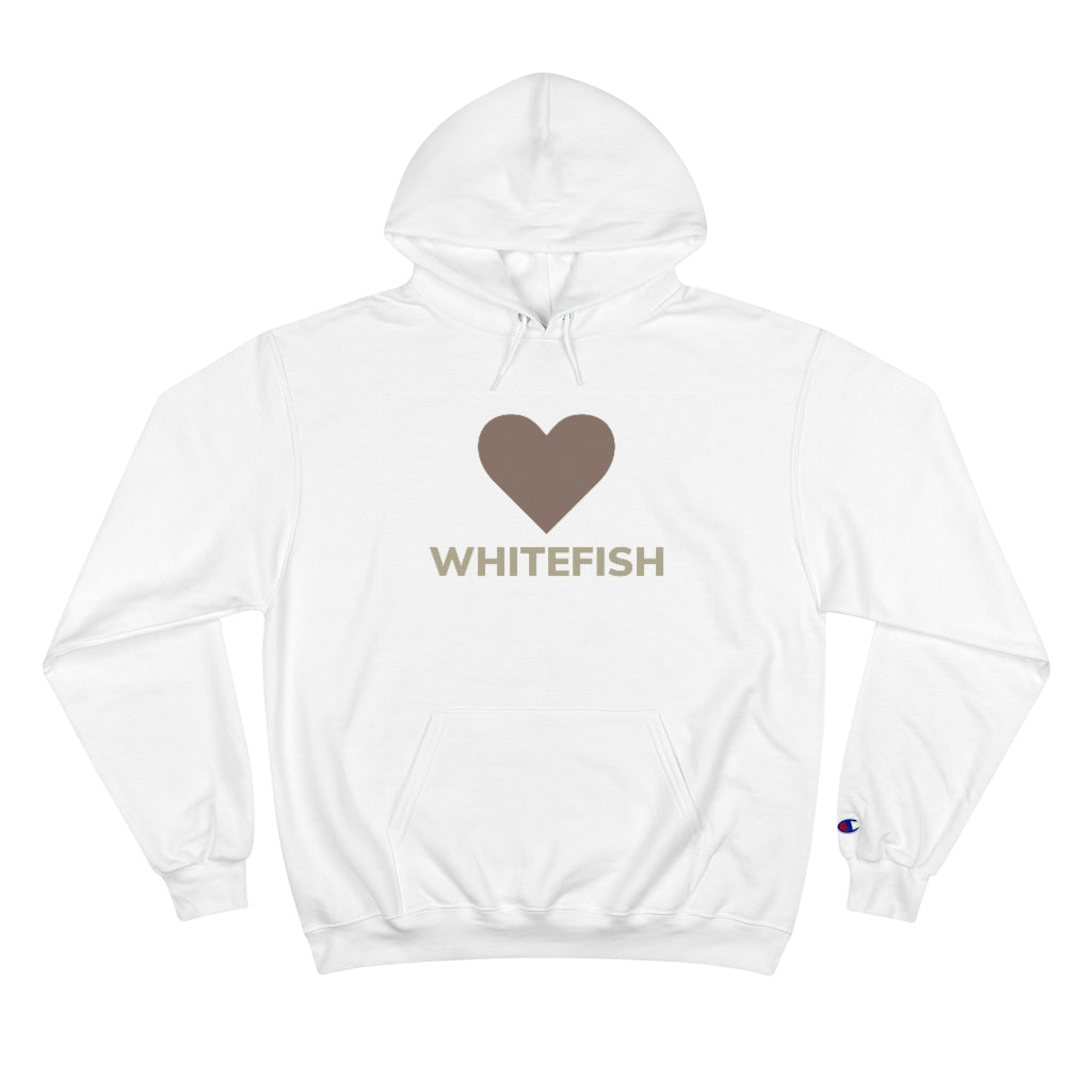 White I Love Whitefish Champion hoody with brown and grey graphic