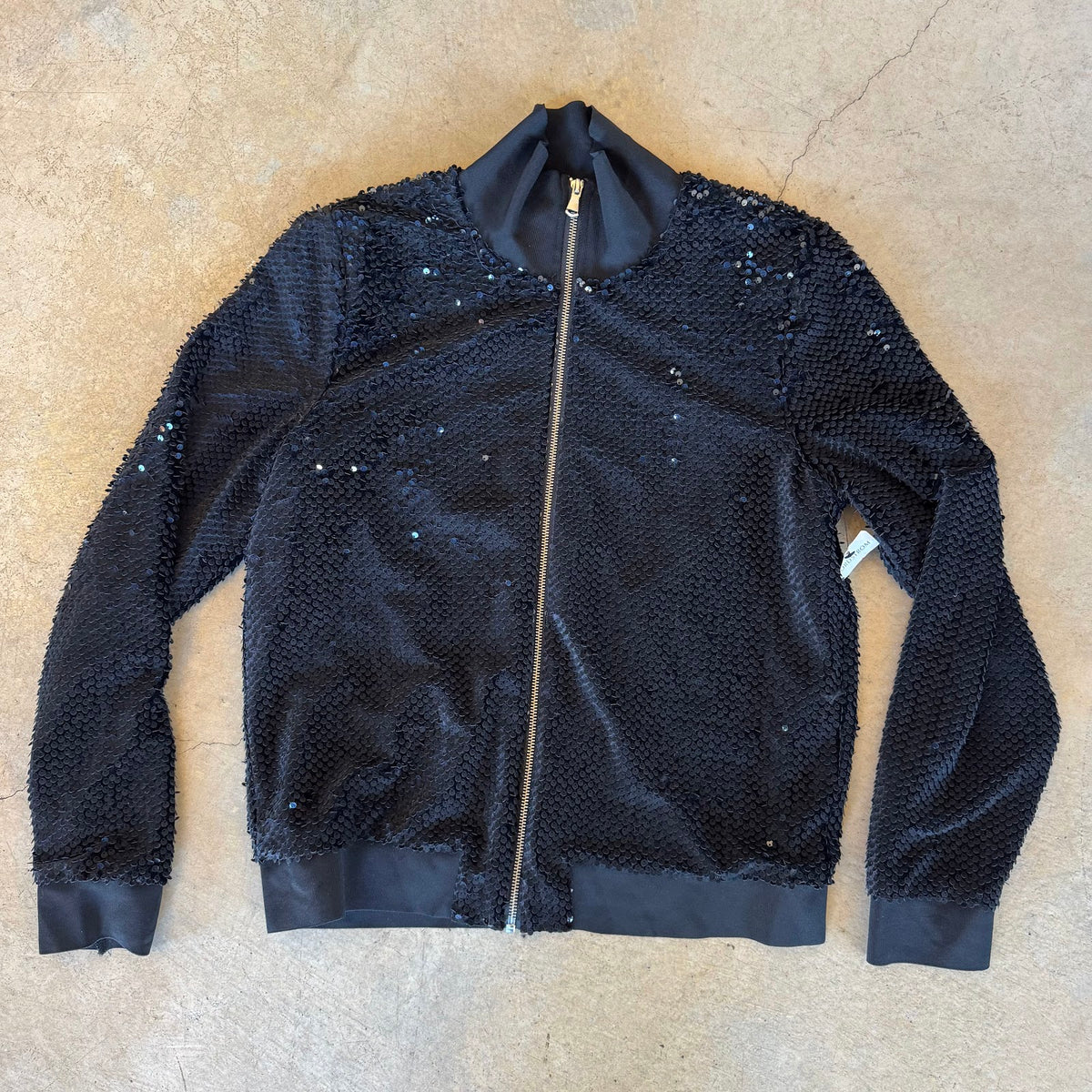 Black sequin bomber jacket, front