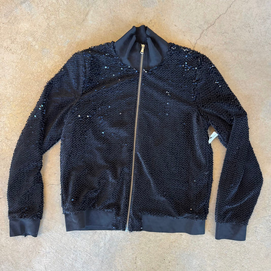 Black sequin bomber jacket, front