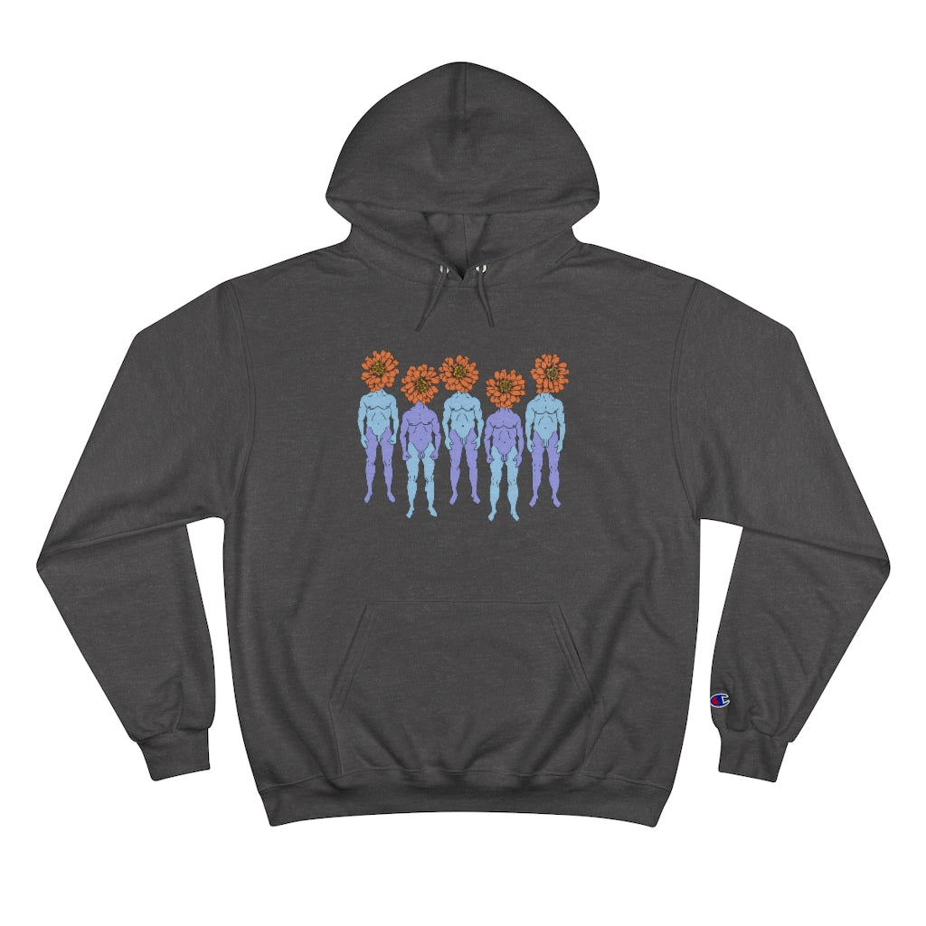 Charcoal grey Cotten Champion Hoody with a graphic of five naked blue and purple men that have orange flowers as heads by Cody David Bauer