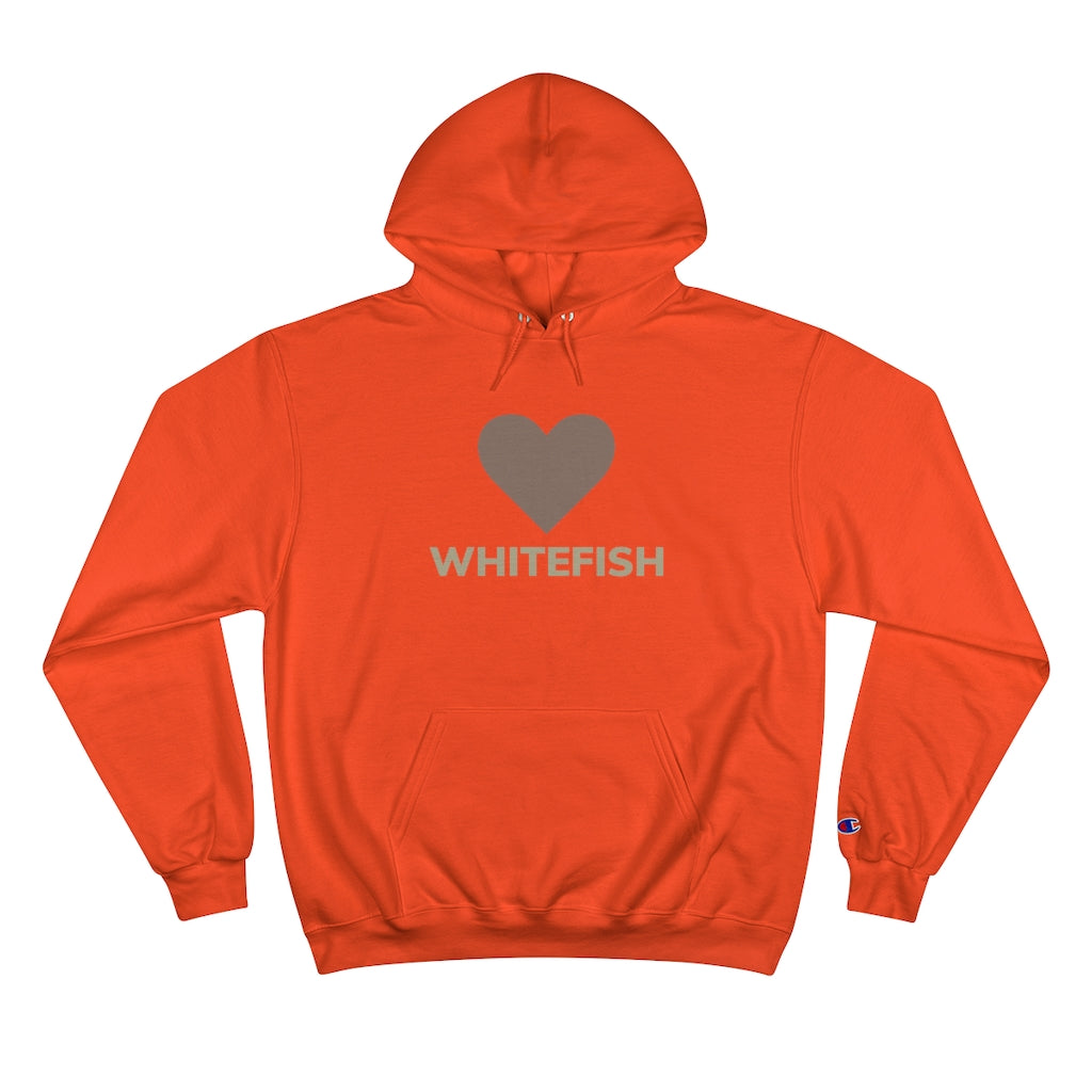 Orange I Love Whitefish Champion Hoody with brown and grey graphic 