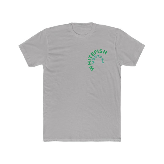 solid grey Cotten T-Shirt with curved  WHITEFISH MONTANA in Kelly green and Teel 