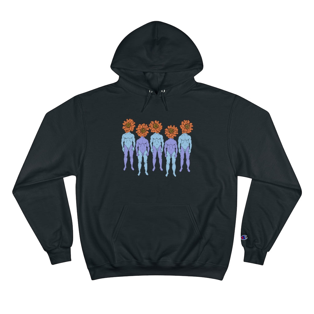 Black Cotten Champion Hoody with a graphic of five naked blue and purple men that have orange flowers as heads by Cody David Bauer