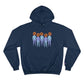 Navy Cotten Champion Hoody with a graphic of five naked blue and purple men that have orange flowers as heads by Cody David Bauer