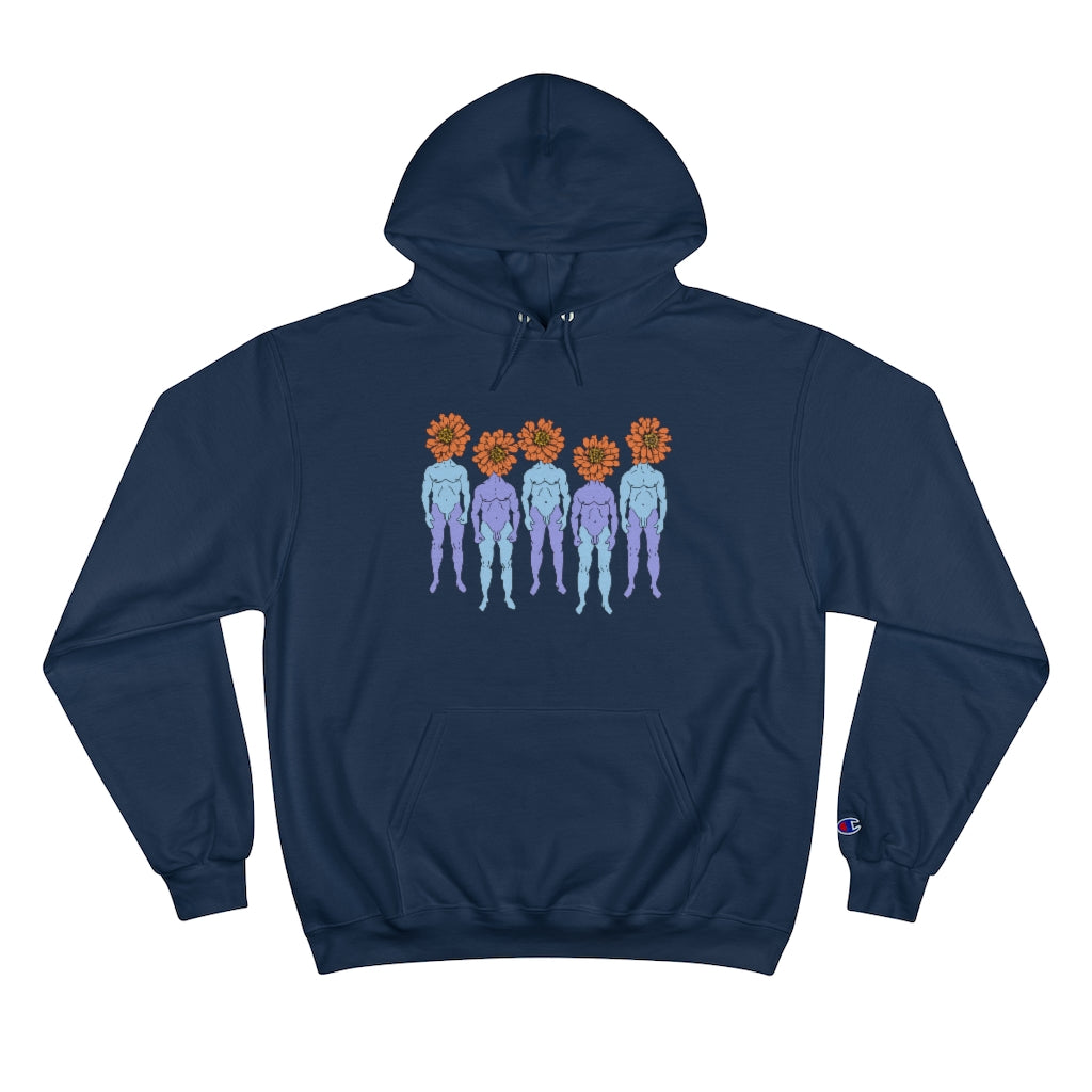 Navy Cotten Champion Hoody with a graphic of five naked blue and purple men that have orange flowers as heads by Cody David Bauer