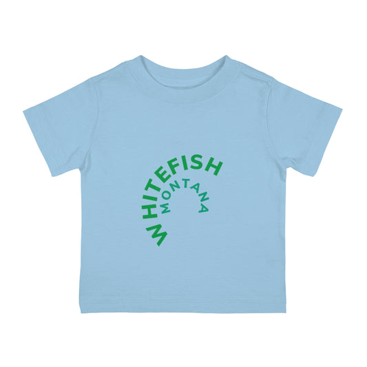 Sky Blue Cotten Kids T-Shirt with curved  WHITEFISH MONTANA in Kelly green and Teel 