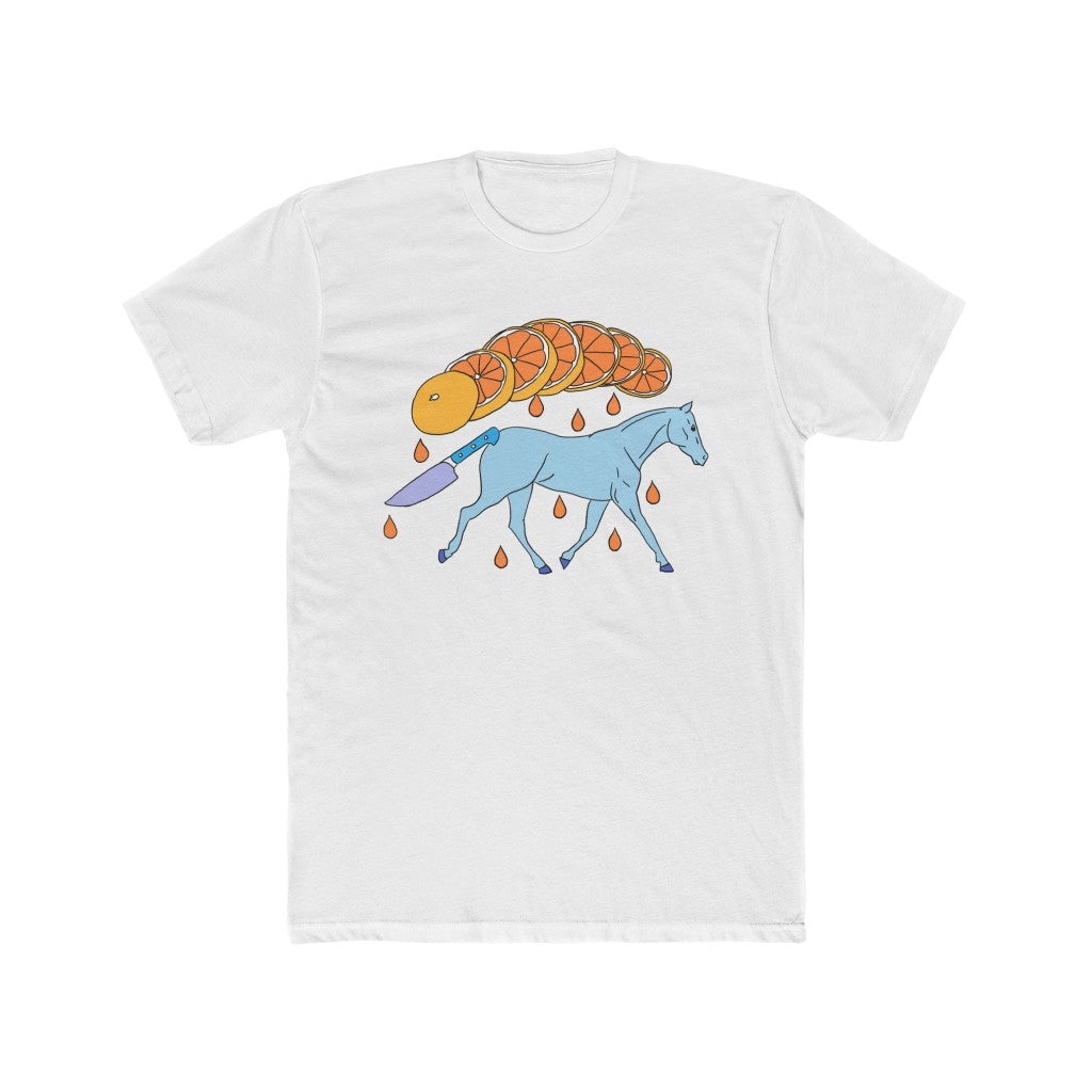 White Cotten Kids t-shirt with a graphic of a blue galloping horse that has a knife for. tail and a sliced orange raining down orange juice above art by Cody David Bauer 