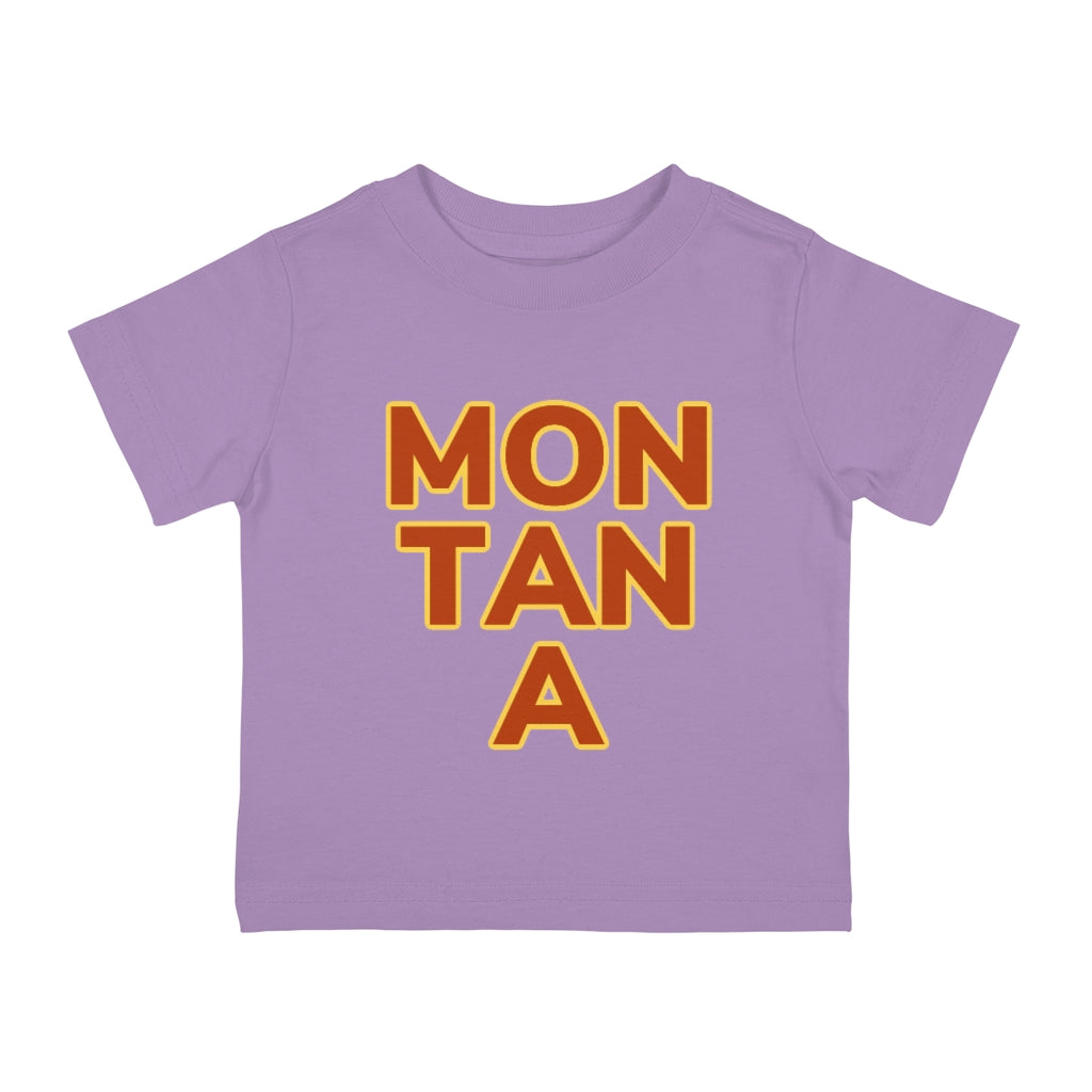 Lilac Cotten kids T-Shirt with "MON  TAN  A" graphic centered in the middle