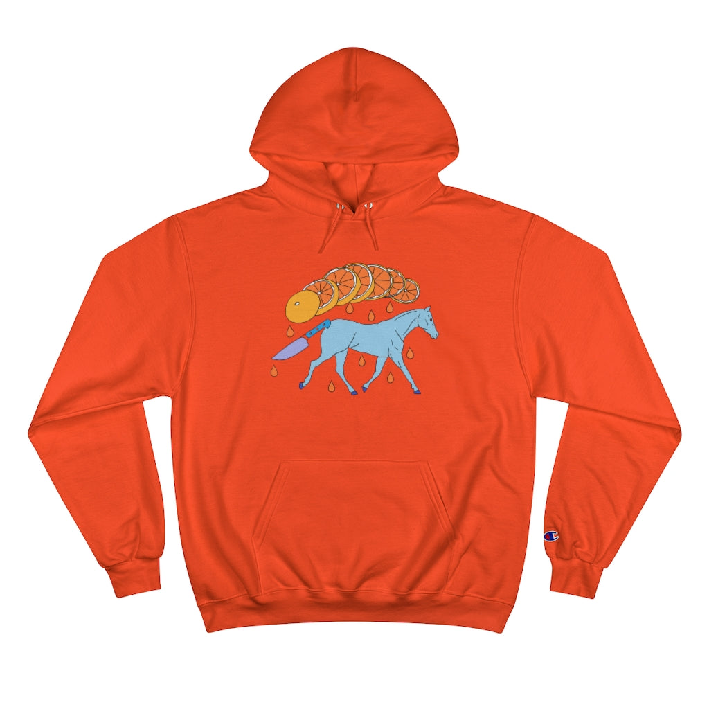 Orange Cotten Kids Champion hoody with a graphic of a blue galloping horse that has a knife for tail and a sliced orange raining down orange juice above art by Cody David Bauer 