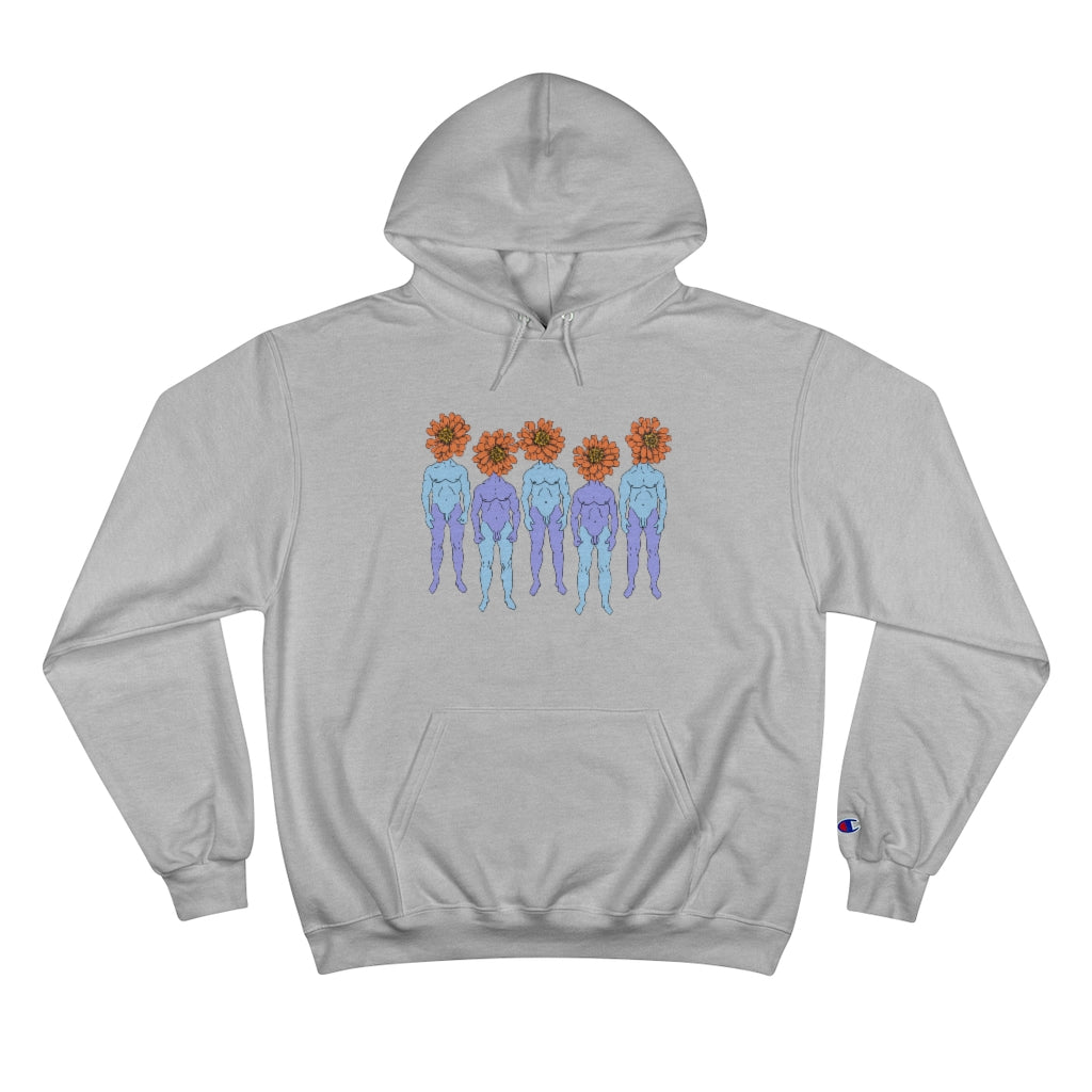 Solid Grey Cotten Champion Hoody with a graphic of five naked blue and purple men that have orange flowers as heads by Cody David Bauer