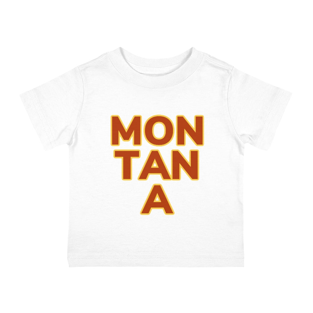 White  Cotten kids T-Shirt with "MON  TAN  A" graphic centered in the middle