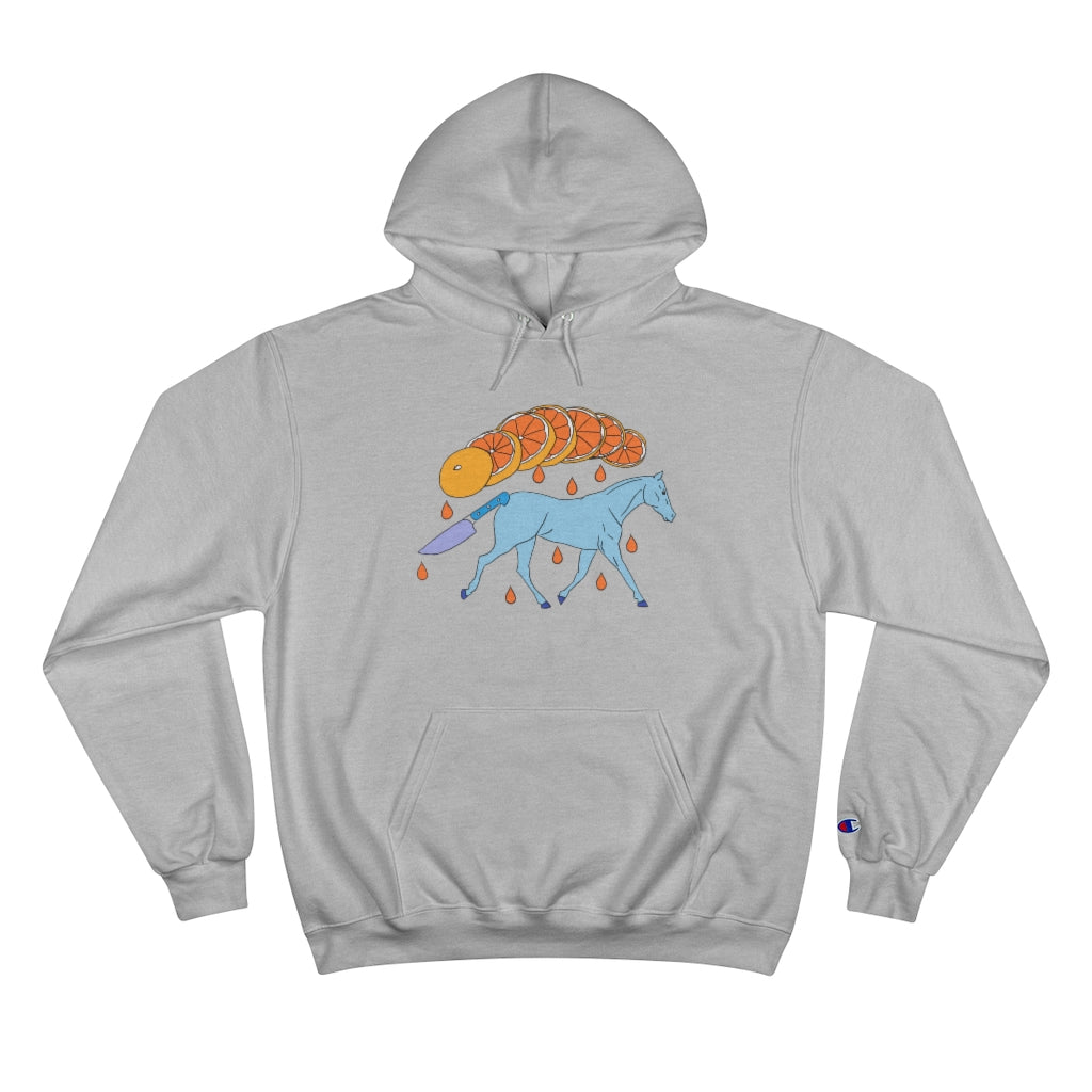 Solid grey Cotten Kids Champion hoody with a graphic of a blue galloping horse that has a knife for tail and a sliced orange raining down orange juice above art by Cody David Bauer 