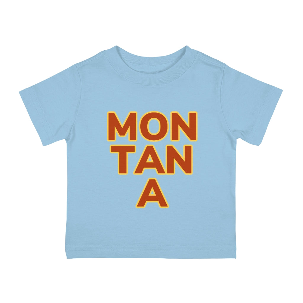 Light Blue Cotten kids T-Shirt with "MON  TAN  A" graphic centered in the middle