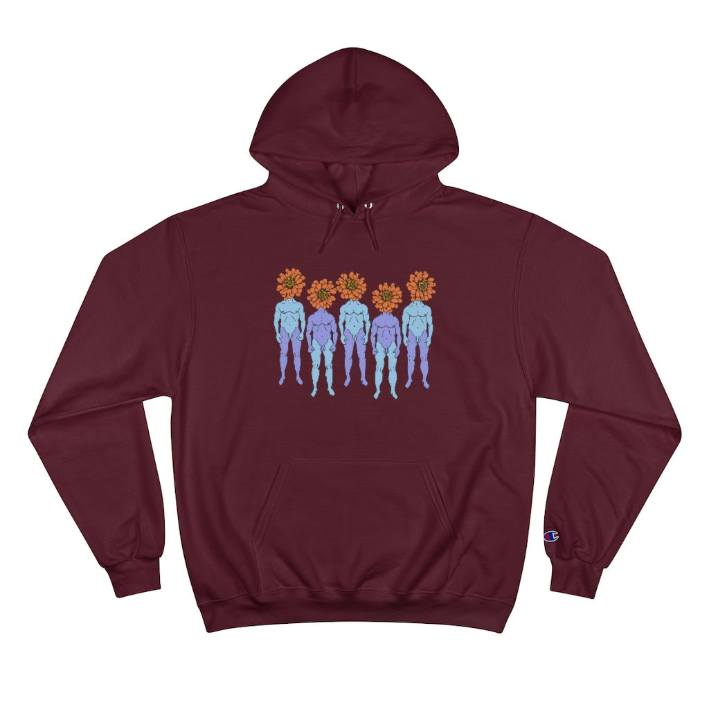 Maroon Cotten Champion Hoody with a graphic of five naked blue and purple men that have orange flowers as heads by Cody David Bauer