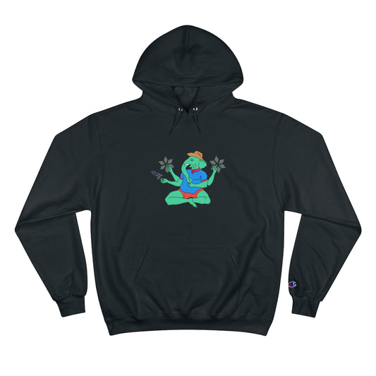 Black Cotten Champion hoody with a graphic of Ganesha holding a bluebonnet  flower and wearing a cowboy hat with a blue polo and red shorts 