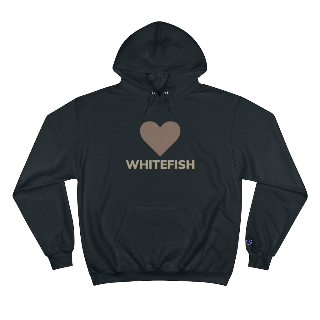 Black I Love Whitefish Champion Hoody with brown and grey graphic 