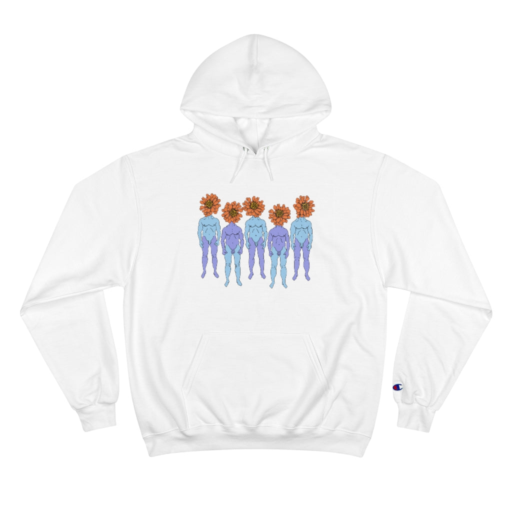 White Cotten Champion Hoody with a graphic of five naked blue and purple men that have orange flowers as heads by Cody David Bauer