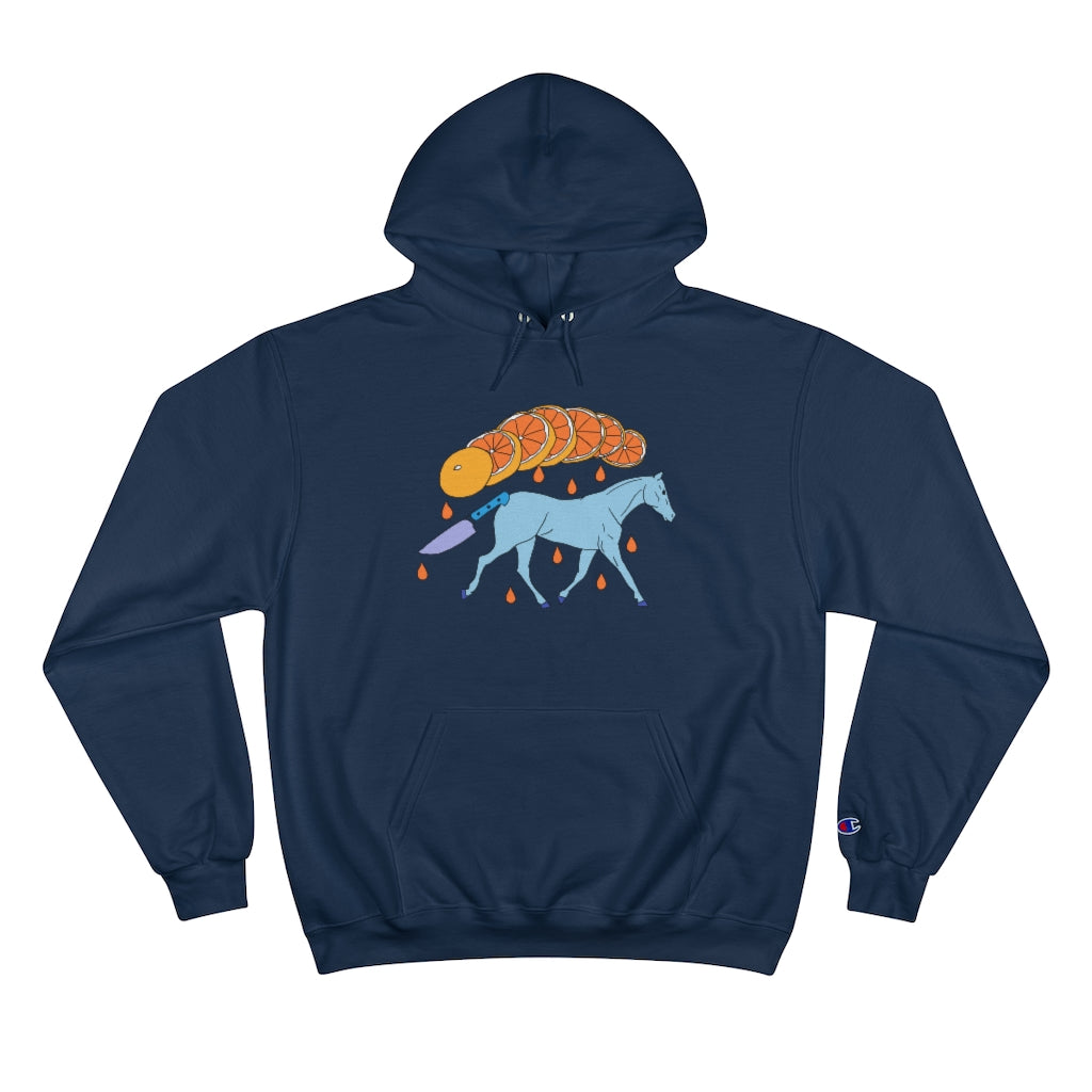 Navy Cotten Kids Champion hoody with a graphic of a blue galloping horse that has a knife for tail and a sliced orange raining down orange juice above art by Cody David Bauer 