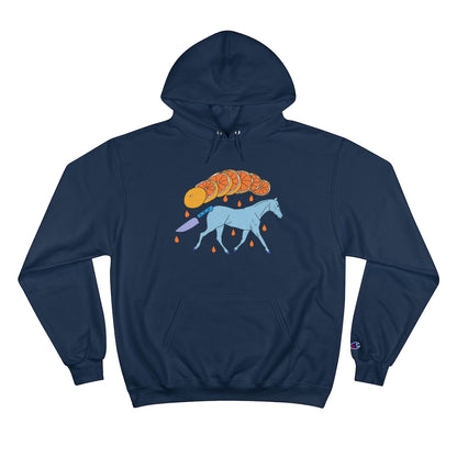 Navy Cotten Kids Champion hoody with a graphic of a blue galloping horse that has a knife for tail and a sliced orange raining down orange juice above art by Cody David Bauer 