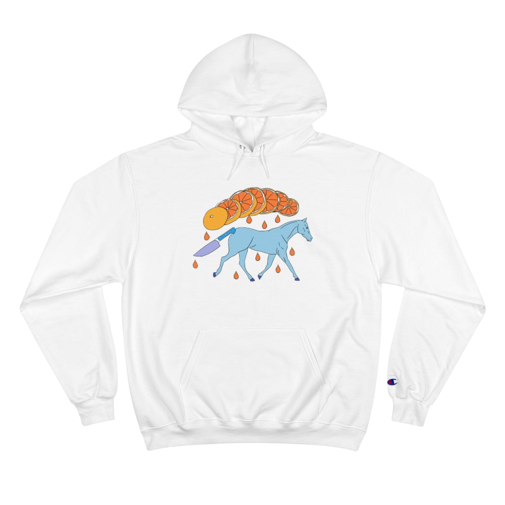 White Cotten Kids Champion hoody with a graphic of a blue galloping horse that has a knife for tail and a sliced orange raining down orange juice above art by Cody David Bauer 