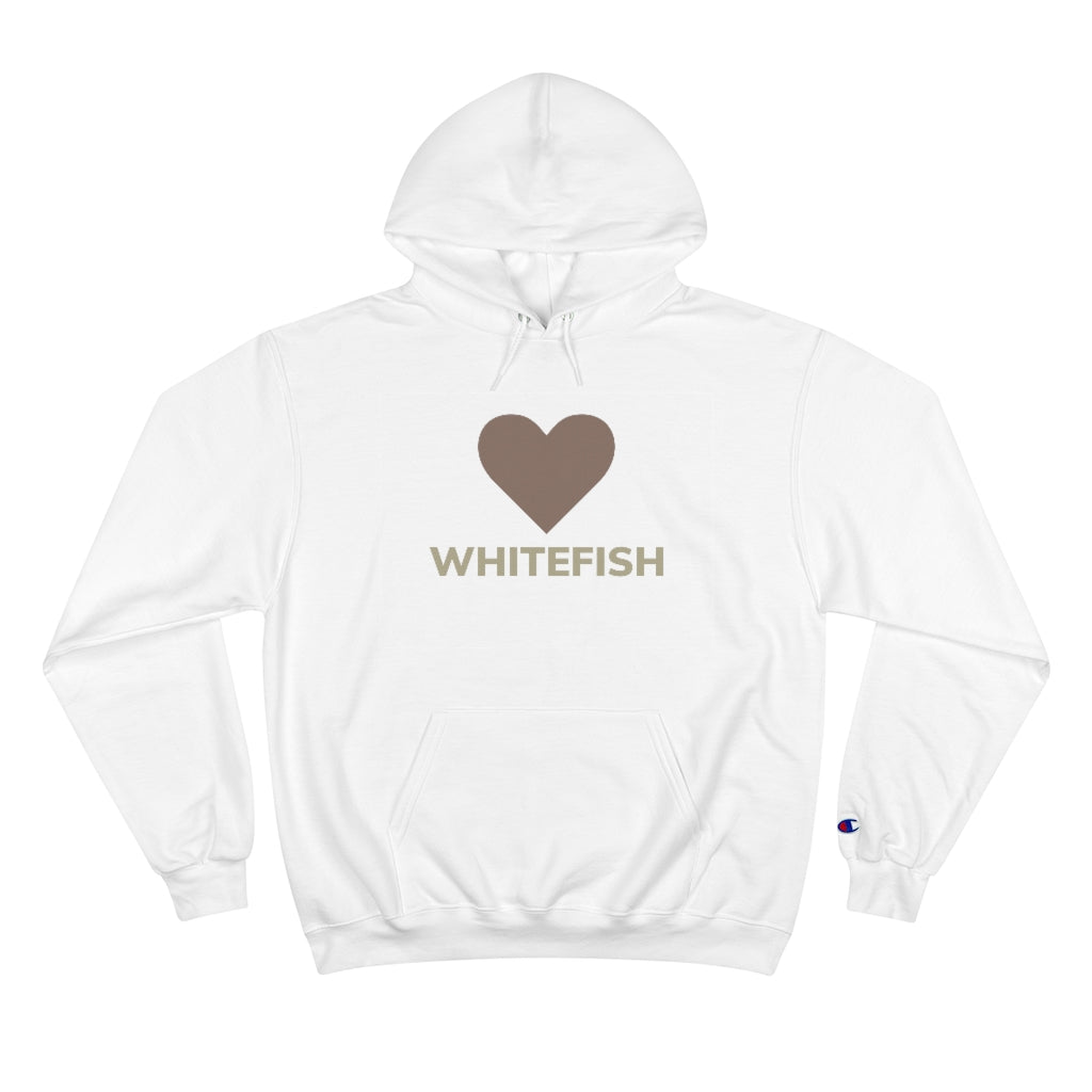 White I Love Whitefish Champion hoody with brown and grey graphic 