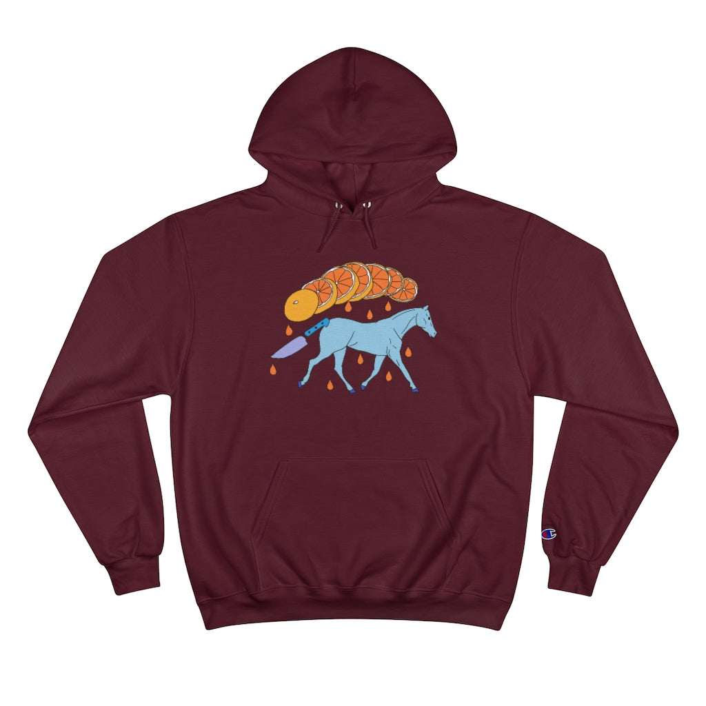 Maroon Cotten Kids Champion hoody with a graphic of a blue galloping horse that has a knife for tail and a sliced orange raining down orange juice above art by Cody David Bauer 